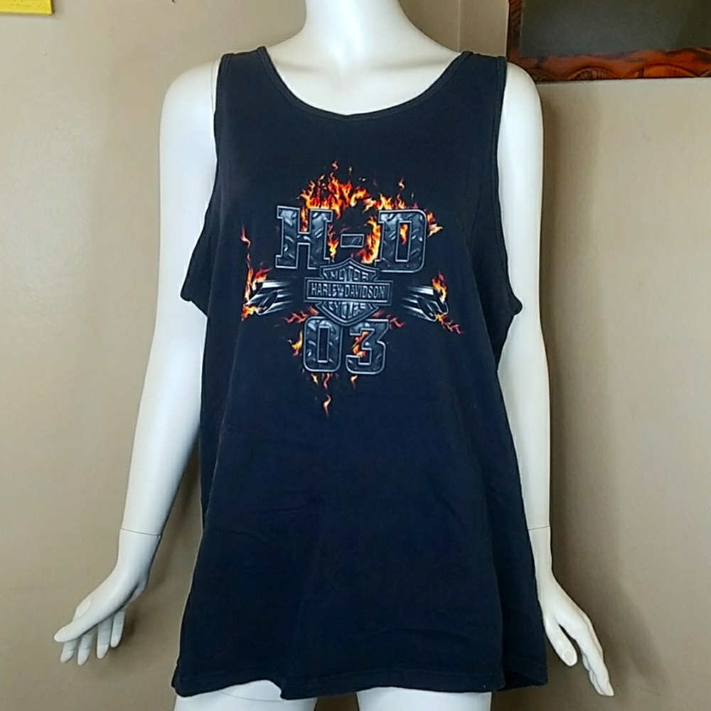 Harley Davidson Black Tank Top Flames Motorcycle Biker Shirt XL